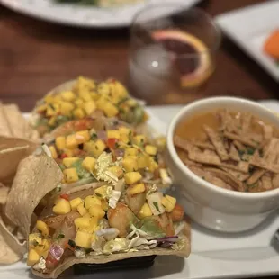 Blackened shrimp tacos and soup.