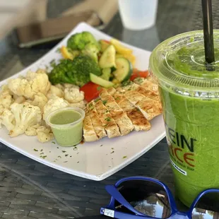 a plate of food and a drink