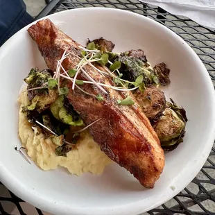 Grilled Salmon, Whipped Potatoes, Balsamic Brussels Sprouts, Brown Butter