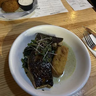 Chicken, Mushroom, Herb and Cheese Croquettes Plate &amp; Blackened Grilled NC Swordfish Plate