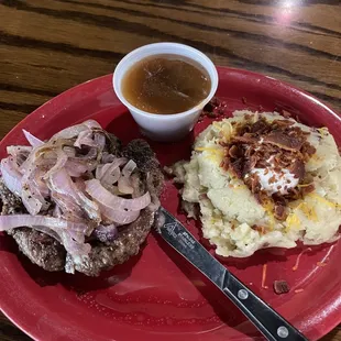 Hamburger steak with loaded mashed potatoes. Excellent!