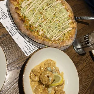 Mexican Street Corn Pub Pie ($16); Black &amp; Bleu Shrimp ($16)