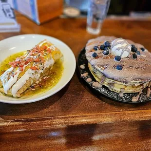 Breakfast burrito and blueberry pancakes