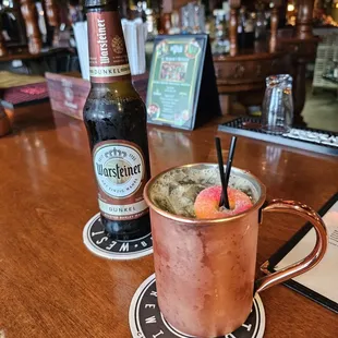 Cocktails! Kentucky Peach and Warsteiner Dunkel.