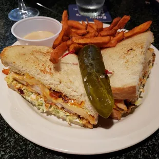 Sandwich and a side of sweet potato fries with pickle