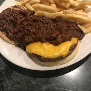 Chili cheeseburger with fries
