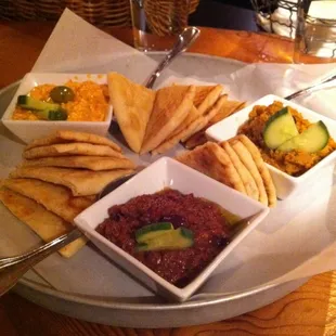 Trio Sampler - green olive tapenade, kalamata tapenade &amp; kopanisti. Delicious.