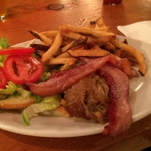 Burger (plus bacon) with fries.