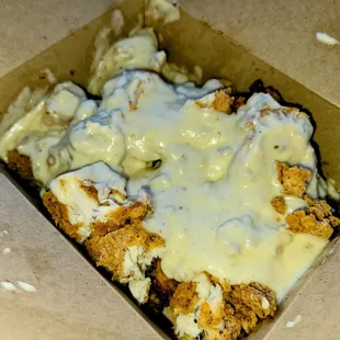 Breakfast Boxty w/ fried chicken, sausage gravy, &amp; house-made tots.  Excellent!