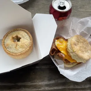 Chicken Pot Pie and bacon egg and cheese on biscuit!! delish mmmm