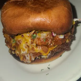 Yummy special order made by Brian, chili cheese deep fried yummy burger