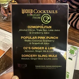 Wicked cocktail menu