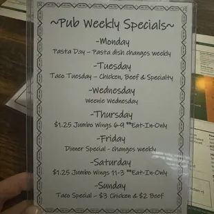 Pub weekly specials menu