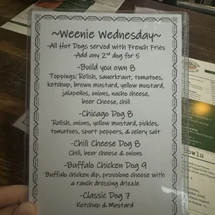 Weenie Wednesday menu