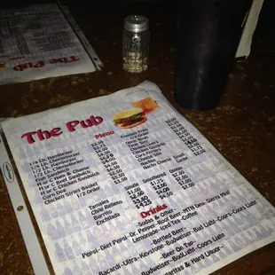 the menu for the pub