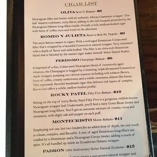 Cigar menu