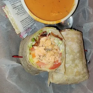 Salmon B.L.T. Wrap with replaced side of a cup of Tomato Basil Soup