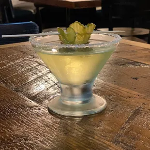 The Karen Martini (Cucumber Vodka, Dry Vermouth, and Pickle Juice).