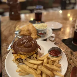 The Belhaven Burger and the most delicious Fish &amp; chips in the U.S. ( not done service in this pic) both deliciousss dishes! Yummy