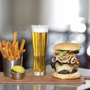 a burger, fries, and beer