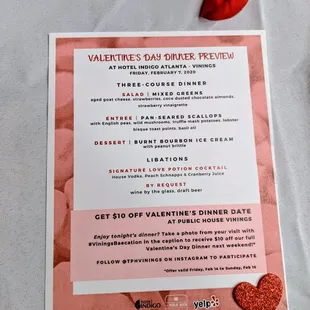 Special event menu. Valentine&apos;s Day preview.