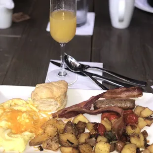 Brunch Selection - The Full ( scramble eggs with cheese, biscuit, bacon, roasted potatoes, sausage, side of roasted cherry tomatoes)