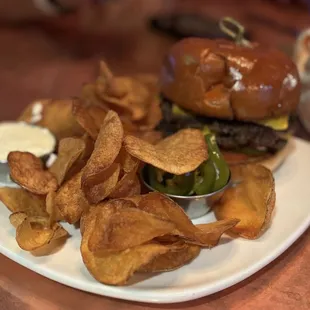 Burger and house chips