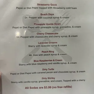 Dirty soda menu