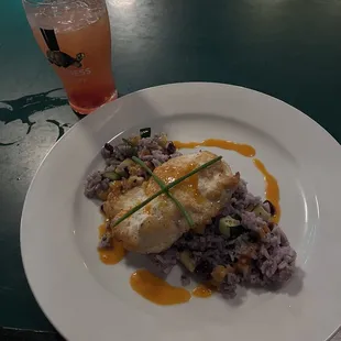 Pan seared halibut with jeweled Cabernet rice!