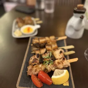 Thigh and oyster mushroom with excellent tsukune in the back