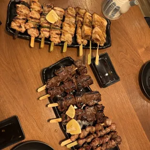 Pork belly, chashu pork, chicken thigh, Wagyu, chicken gizzard skewers
