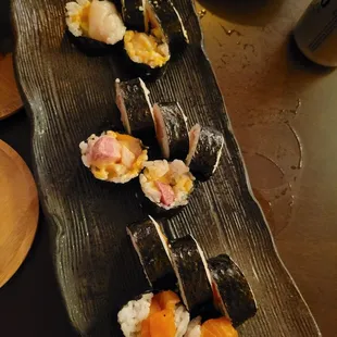 Simple rolls: spicy scallop, spicy hamachi and salmon avocado rolls