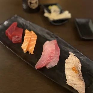 Tuna, salmon, hamachi, salmon toro seared