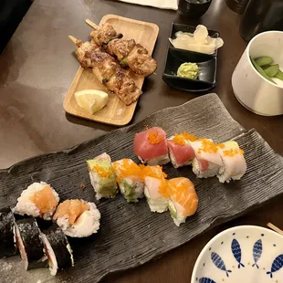 Rainbow roll, Philadelphia roll &amp; chicken skewers