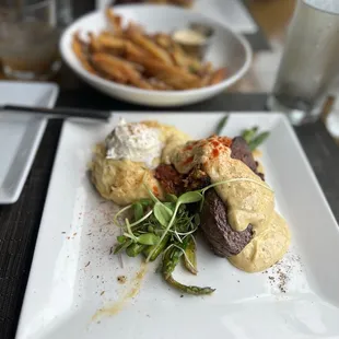 Chefs Special filet, salmon cake, Garlic Mashed Potatoes, Grilled Asparagus, Truffle Fries