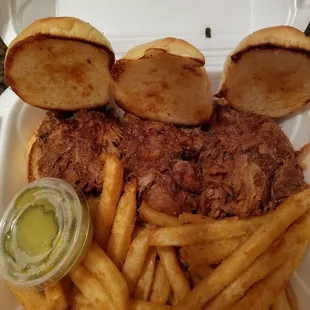 a pulled pork sandwich and fries