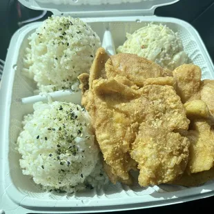 Fried chicken, two scoops rice, and crab potato salad. Simple but delicious!