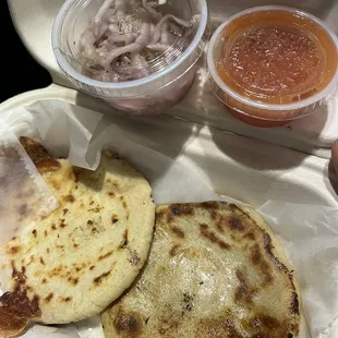 1 cheese pupusa, 1 cheese &amp; pork pupusa