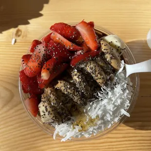 Build Your Own (Regular Size) Açaí base with strawberries, bananas, peanut butter, coconut, and chia seeds