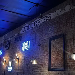 a brick wall with blue lights