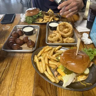 Chicken Sandwich, Burger, Goat Balls, Onion Rings