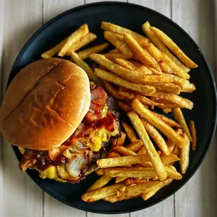 BBQ Bacon Burger with seasoned fries.