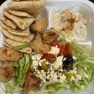 Chicken Kabob plate with salad