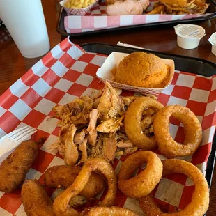 Pulled Chicken BBQ Plate with mashed sweet potatoes and onion rings