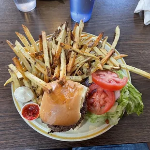 The Quarry Burger, condiments and fixin&apos;s come on the side. Fries were great too!