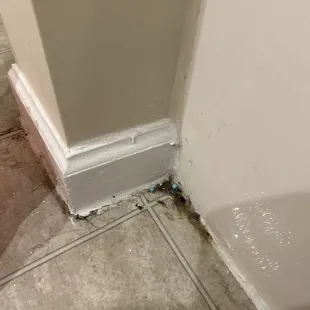 just build up &amp; random blue beads in the corners of the bathroom