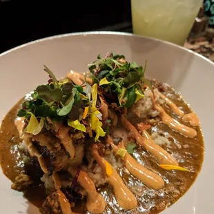Shrimp and Grits And gator bite drink