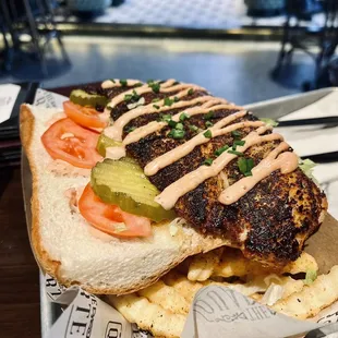 Blackened Catfish Po Boy and Fries