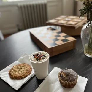 Oatmeal cookie Hot chocolate  Orange cranberry muffin
