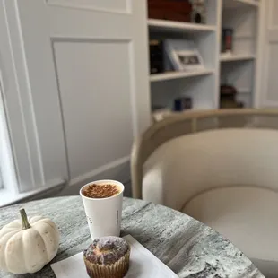 Pumpkin latte with cranberry orange muffin